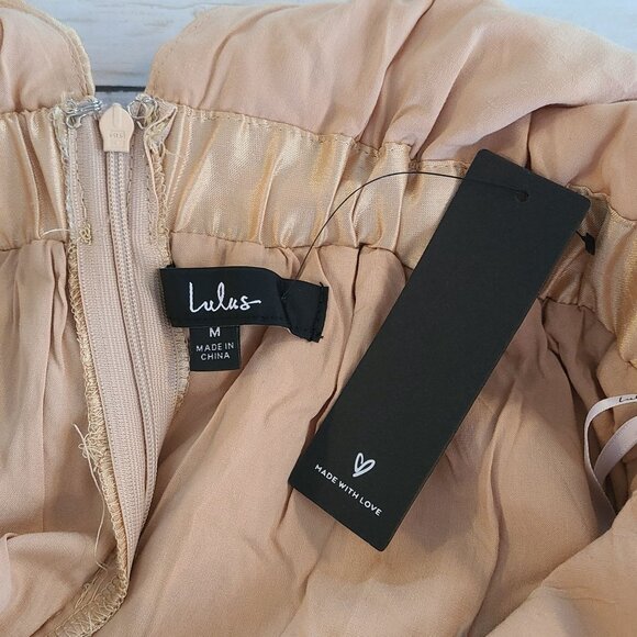 Lulus Gold Plunge Neck Bow Midi Day Dress Elegant NEW Medium Wedding Prom - Picture 3 of 9